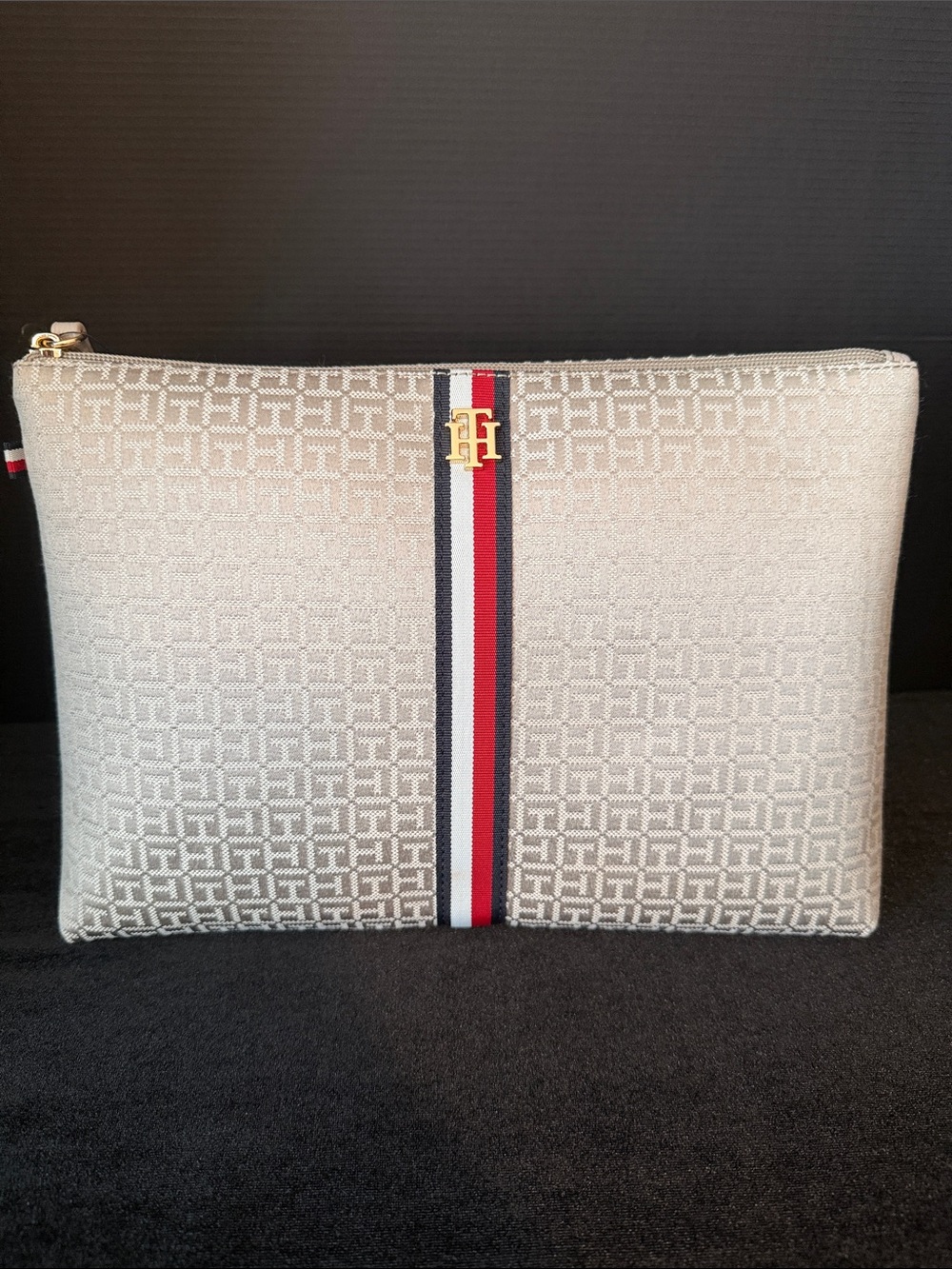 Tommy Hilfiger Cream Monogram Cosmetic Pouch with Red White Blue Stripe